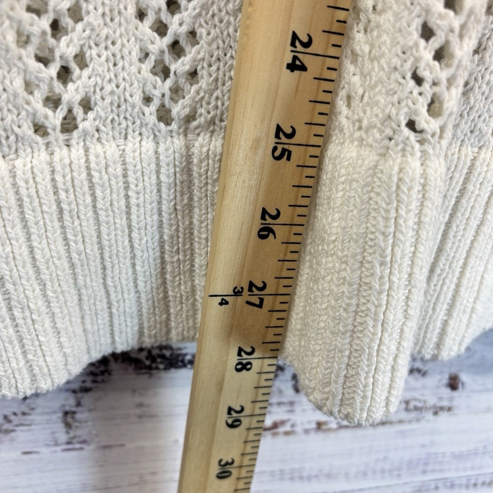 Preppy Tennis Cardigan L Loose Knit Sweater Pockets White Black V-Neck Pointelle - Picture 5 of 6